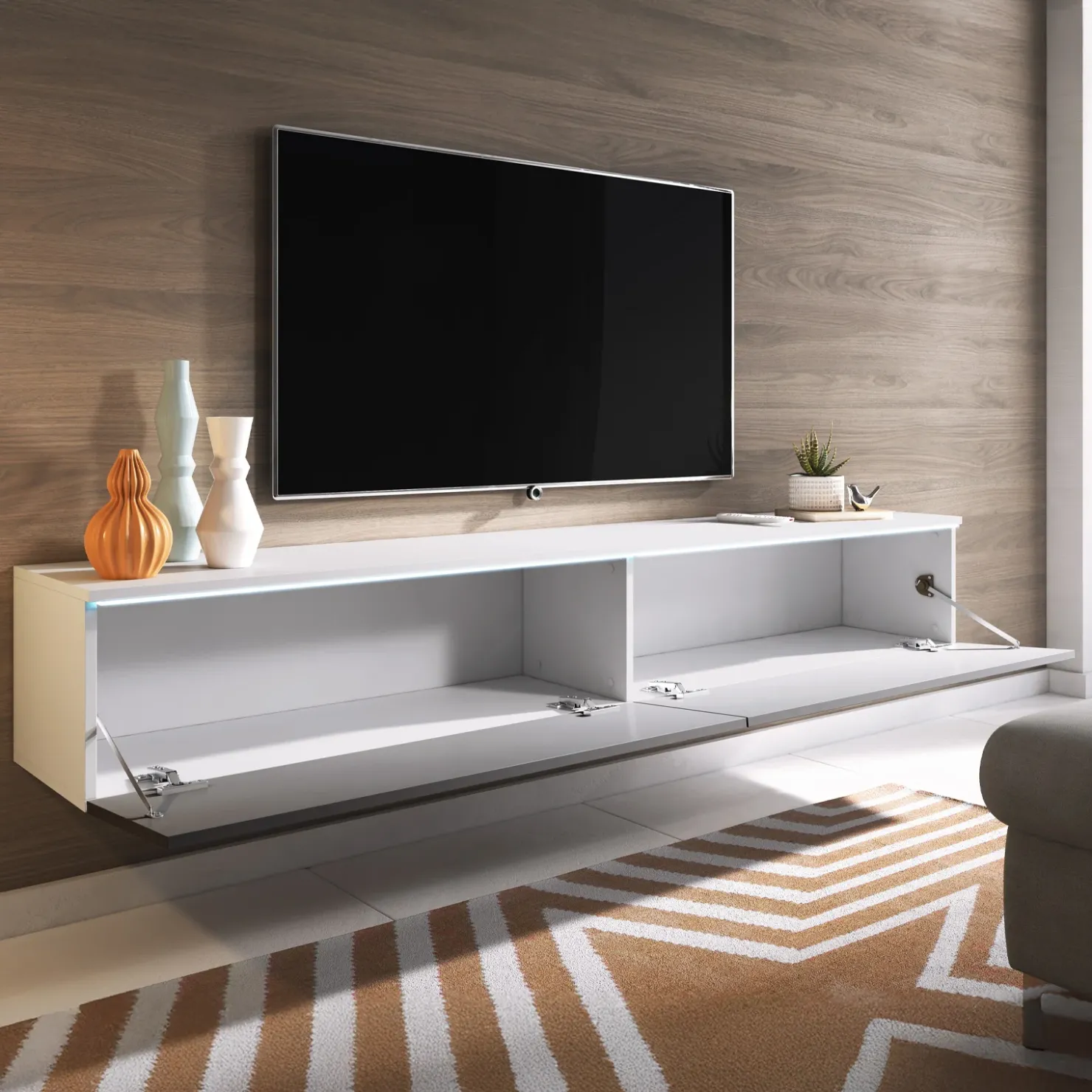 Garnero Arredamenti Mobile porta TV sospeso 180x30h cm con LED design Silvia Bianco Lucido Sale