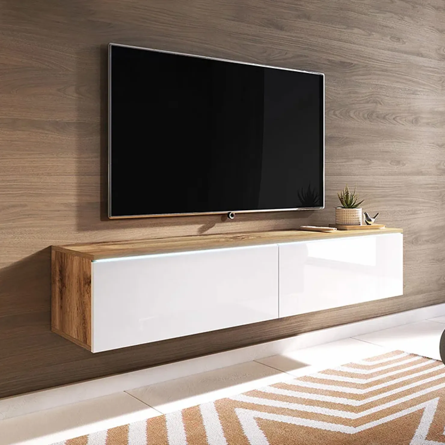 Garnero Arredamenti Mobile porta TV sospeso 140x30h cm con LED rovere bianco lucido Silvia Outlet