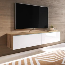 Garnero Arredamenti Mobile porta TV sospeso 140x30h cm 2 ante design rovere bianco lucido Silvia Bianco Lucido - Rovere New