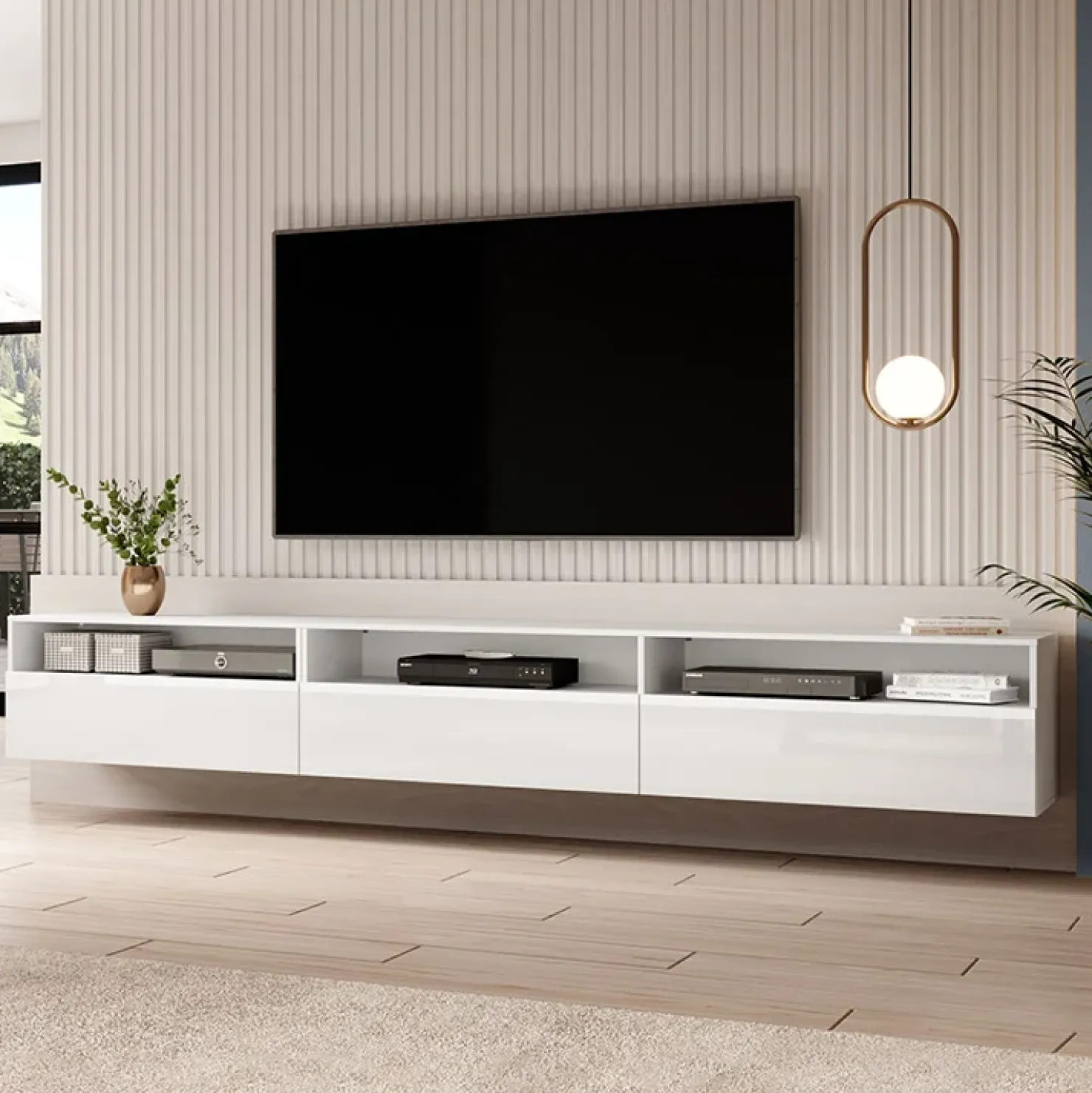 Garnero Arredamenti Mobile porta TV sospeso 270x42h cm bianco Emotion Gihome® Bianco Lucido Outlet