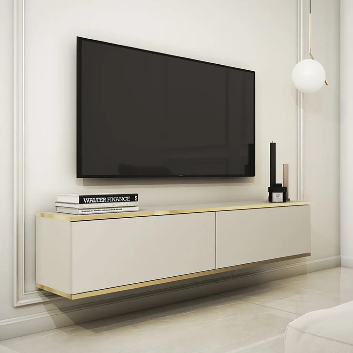 Garnero Arredamenti Mobile porta TV sospeso 135x30h cm 2 ante moderno beige oro Linus Beige - Oro Online