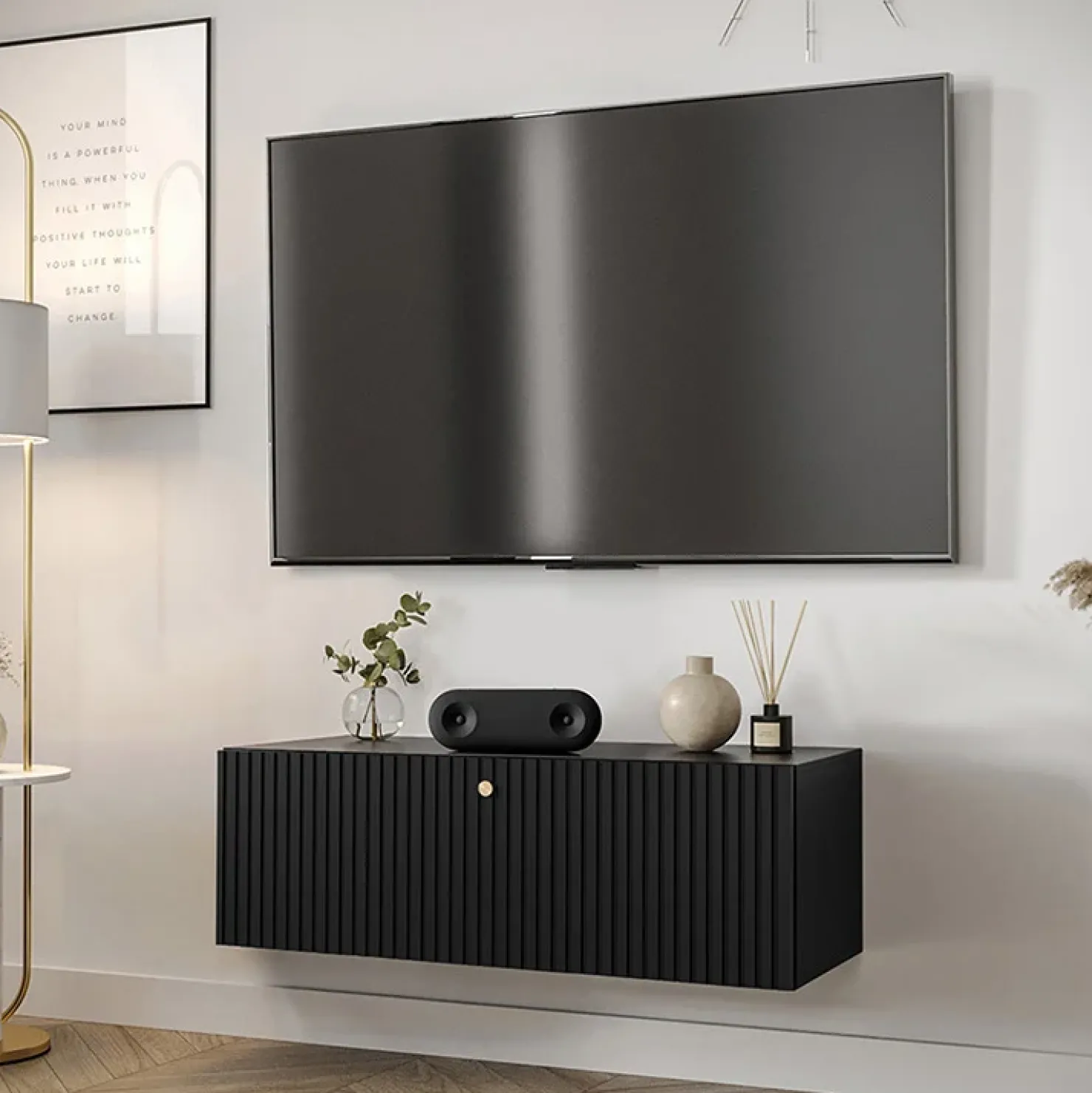 Garnero Arredamenti Mobile porta TV sospeso 100x34h cm 1 anta nero Kiruna Nero Opaco Hot