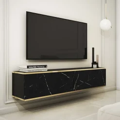 Garnero Arredamenti Mobile porta TV sospeso 135x30h cm 2 ante moderno effetto marmo nero oro Linus Marmo Nero - Oro New
