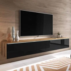 Garnero Arredamenti Mobile porta TV sospeso 180x30h cm con LED nero lucido rovere Silvia Rovere - Nero Lucido New