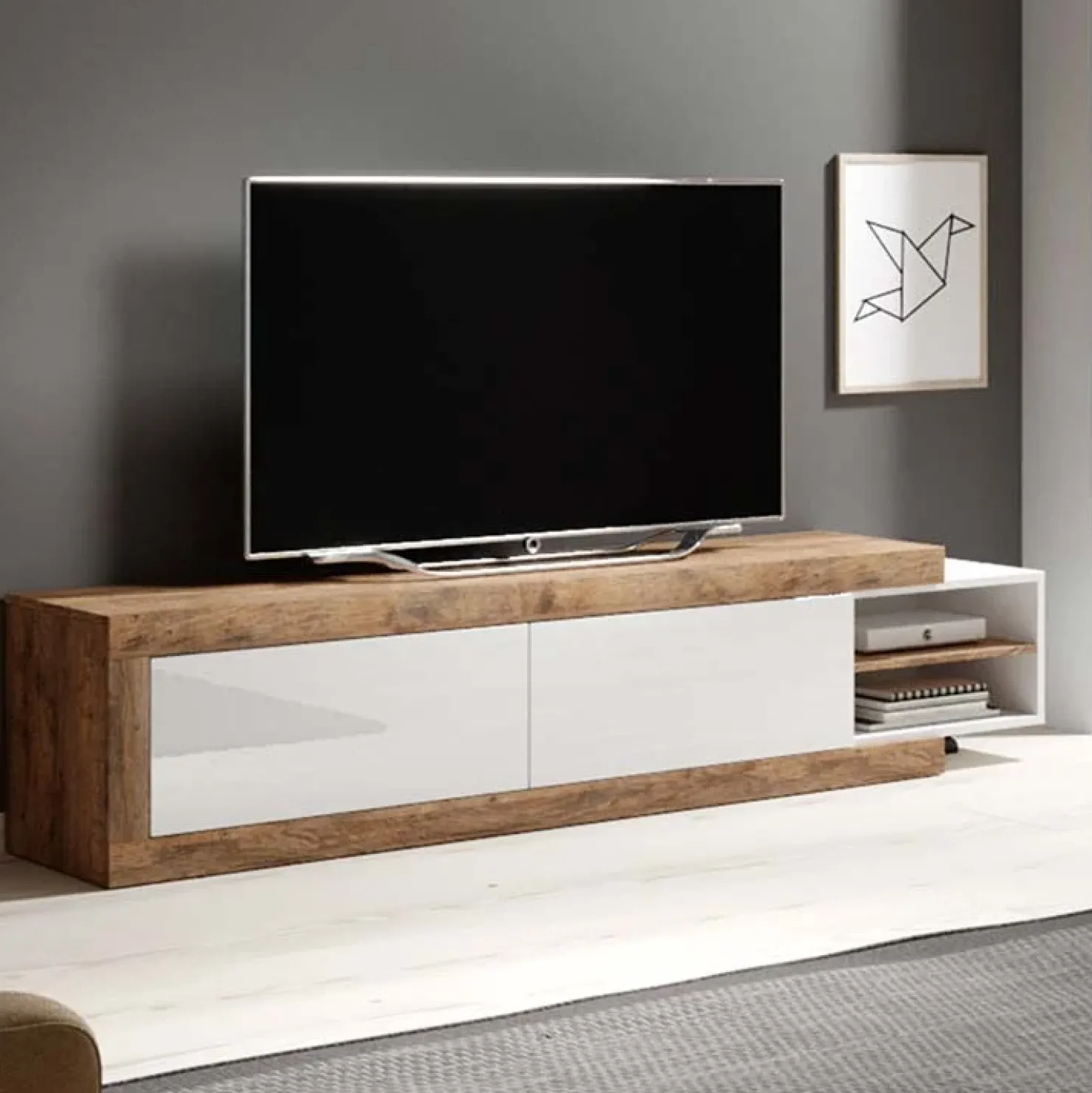 Garnero Arredamenti Mobile porta TV 200/242x 44h cm 2 ante moderno estraibile  bianco lucido rovere Aria Discount