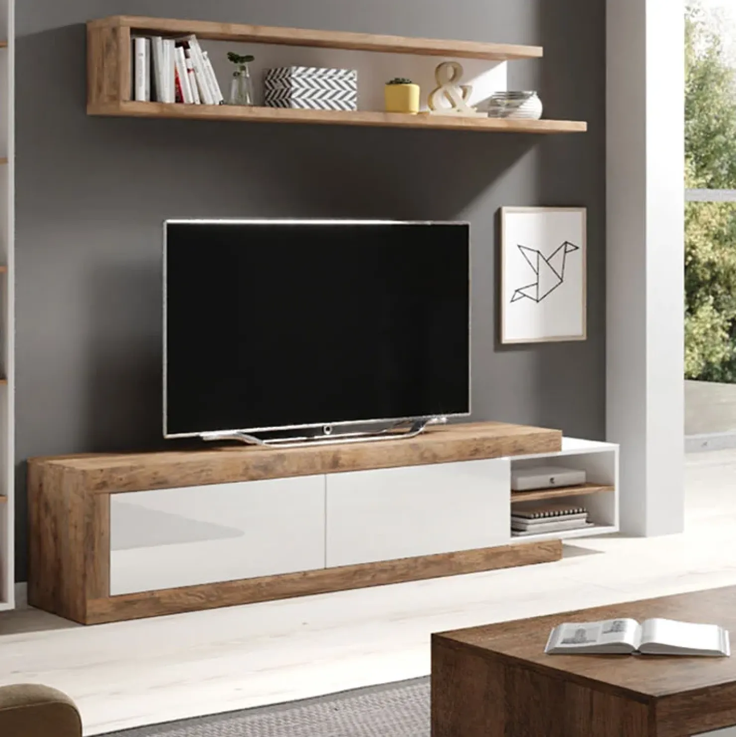 Garnero Arredamenti Mobile porta TV 200/242x 44h cm 2 ante moderno estraibile  bianco lucido rovere Aria Discount
