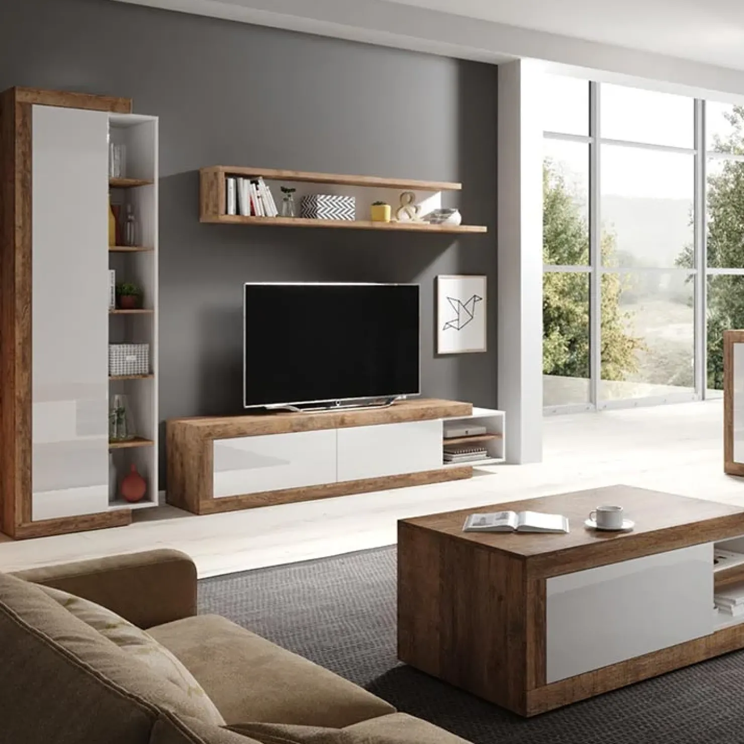 Garnero Arredamenti Mobile porta TV 200/242x 44h cm 2 ante moderno estraibile  bianco lucido rovere Aria Discount