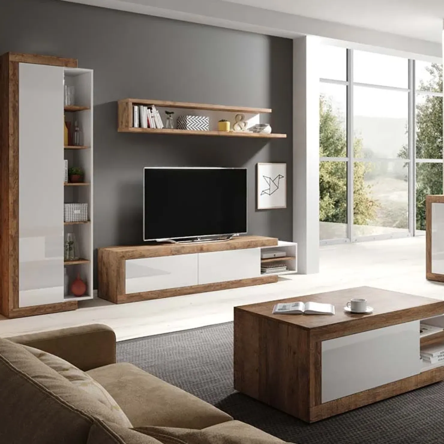 Garnero Arredamenti Mobile porta TV 200/242x 44h cm 2 ante moderno estraibile  bianco lucido rovere Aria Discount