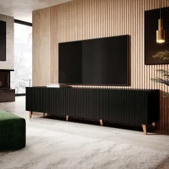 Garnero Arredamenti Mobile porta TV 201x52cm 4 ante cannettato nero Essence Nero Opaco