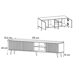 Garnero Arredamenti Mobile porta TV 175x45h cm 3 ante e vano a giorno bianco cannettato oro Celestia Bianco Opaco Best