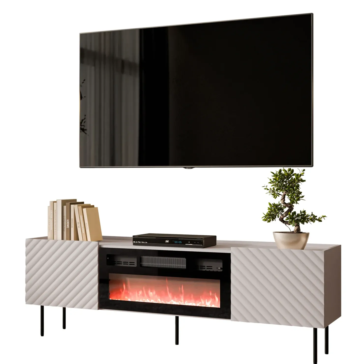 Garnero Arredamenti Mobile porta TV 181x59h cm 2 ante con caminetto con frontali decorati Daniele Beige Clearance