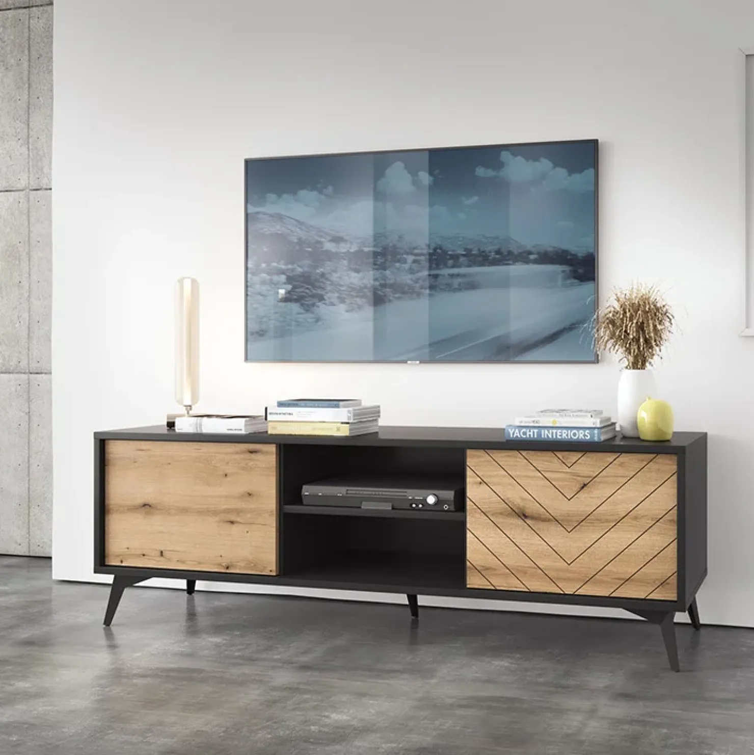 Garnero Arredamenti Mobile porta tv 154x50h cm 2 ante moderno quercia nero Becca