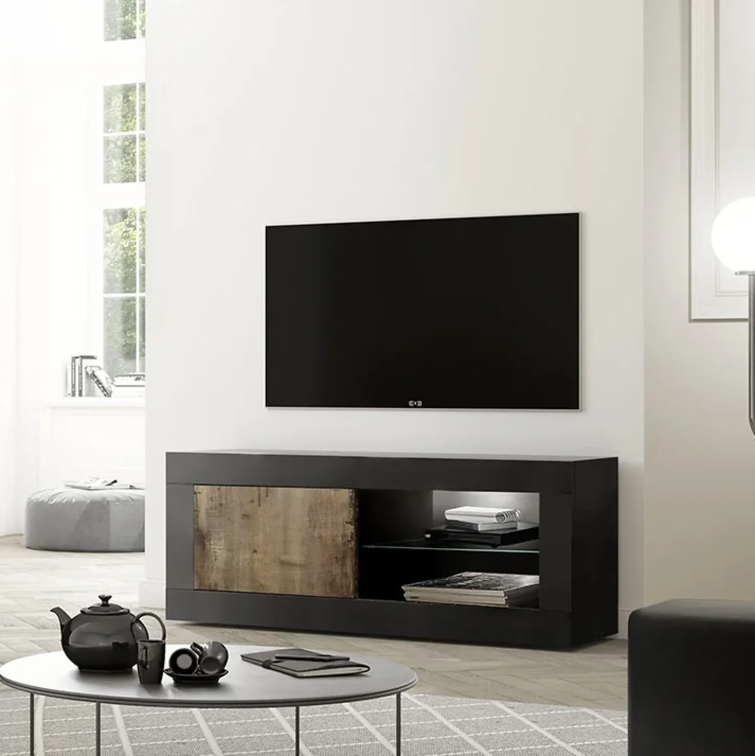 Garnero Arredamenti Mobile porta TV 140x56h cm 1 anta nero pero Eternity Nero Opaco - Rovere