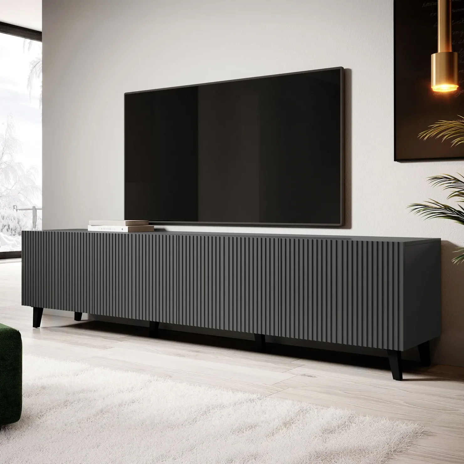 Garnero Arredamenti Mobile porta TV 201x53h cm 4 ante cannettato Essence Antracite