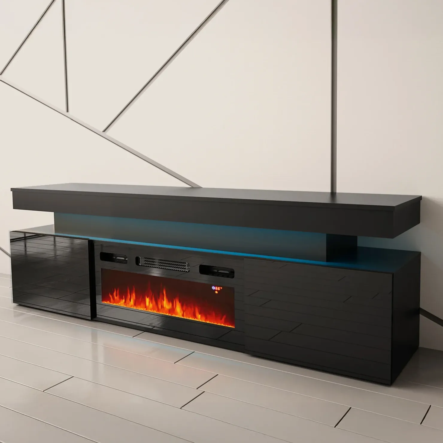 Garnero Arredamenti Mobile porta TV 190x59h cm 2 ante con caminetto con LED nero Lumus Nero Lucido Hot