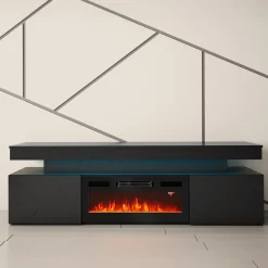 Garnero Arredamenti Mobile porta TV 190x59h cm 2 ante con caminetto con LED nero Lumus Nero Lucido Hot