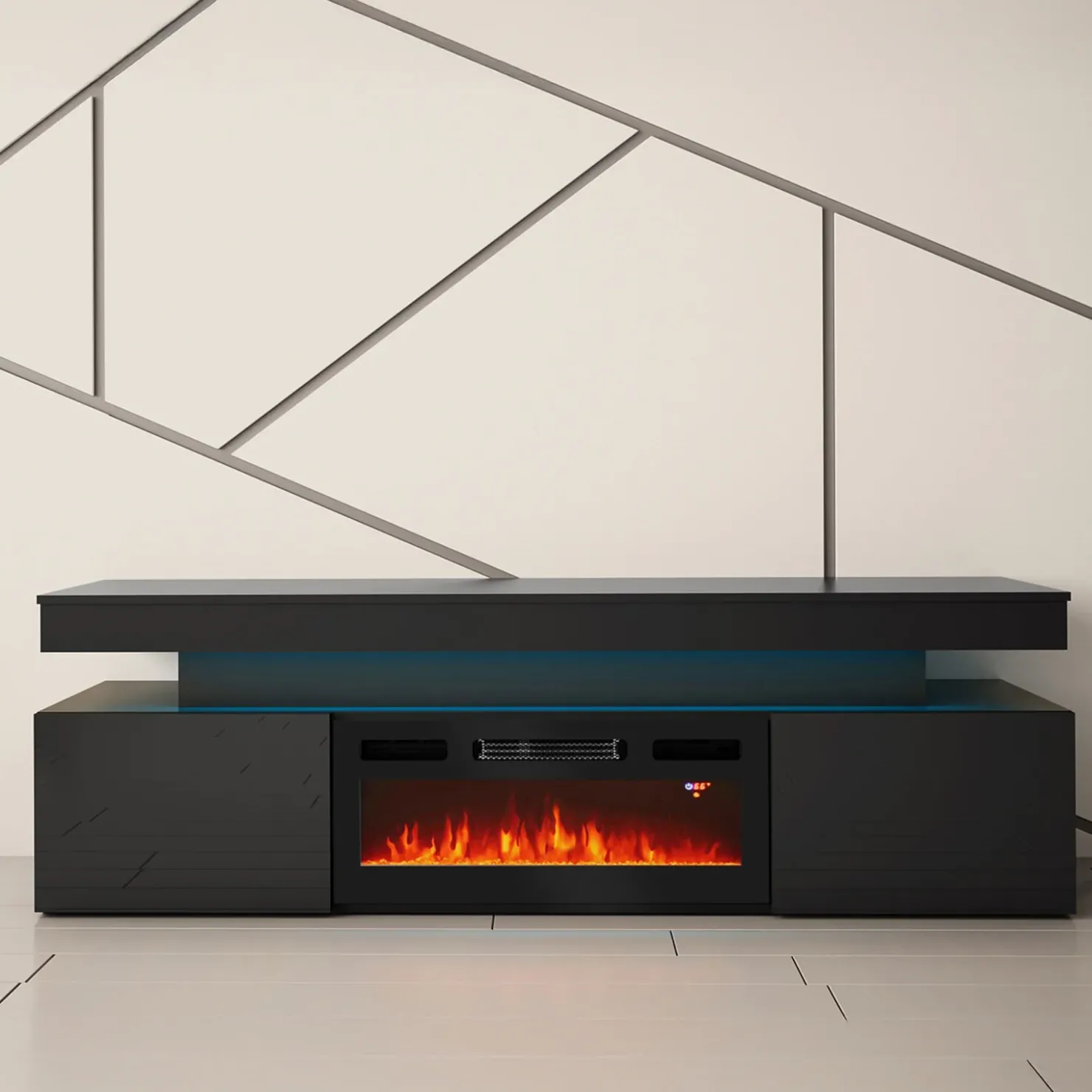 Garnero Arredamenti Mobile porta TV 190x59h cm 2 ante con caminetto con LED nero Lumus Nero Lucido Hot