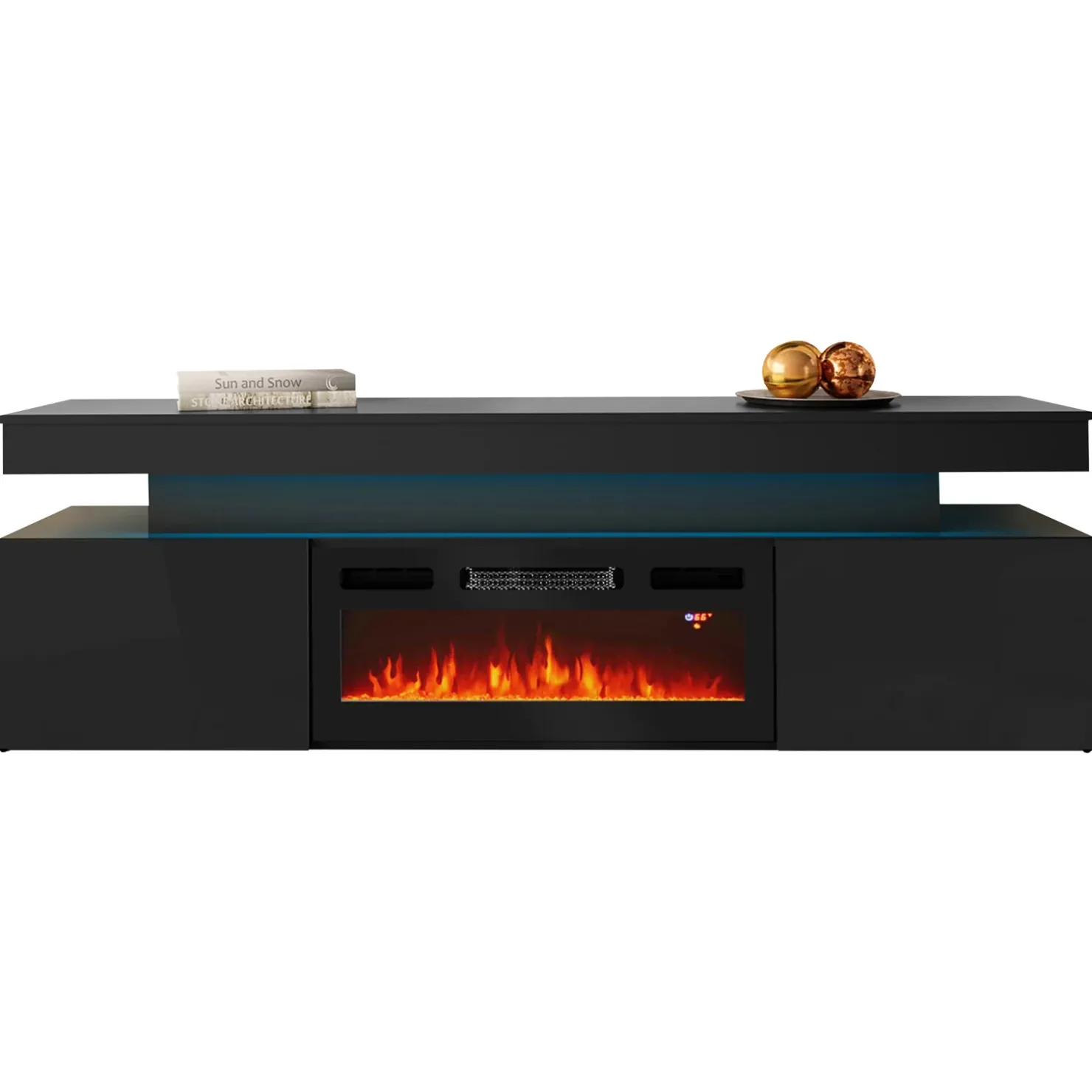 Garnero Arredamenti Mobile porta TV 190x59h cm 2 ante con caminetto con LED nero Lumus Nero Lucido Hot