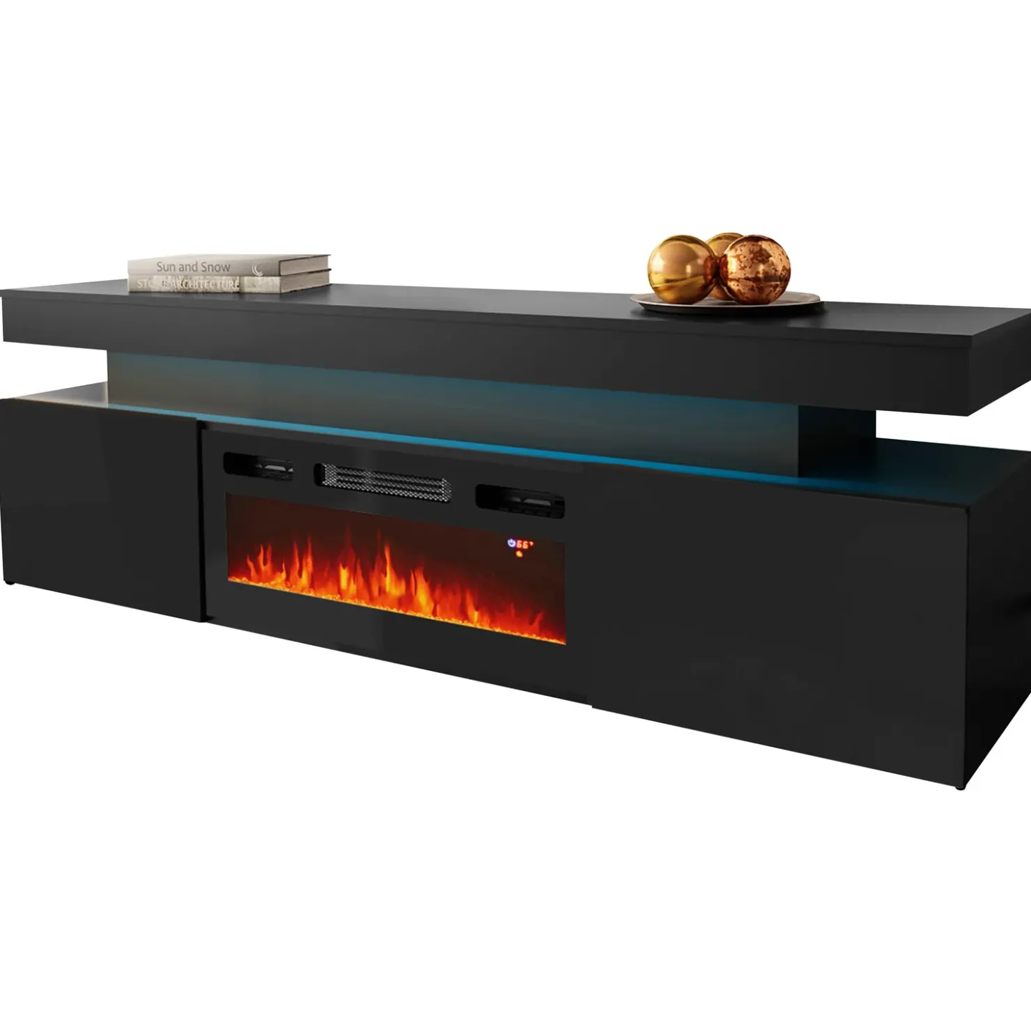 Garnero Arredamenti Mobile porta TV 190x59h cm 2 ante con caminetto con LED nero Lumus Nero Lucido Hot