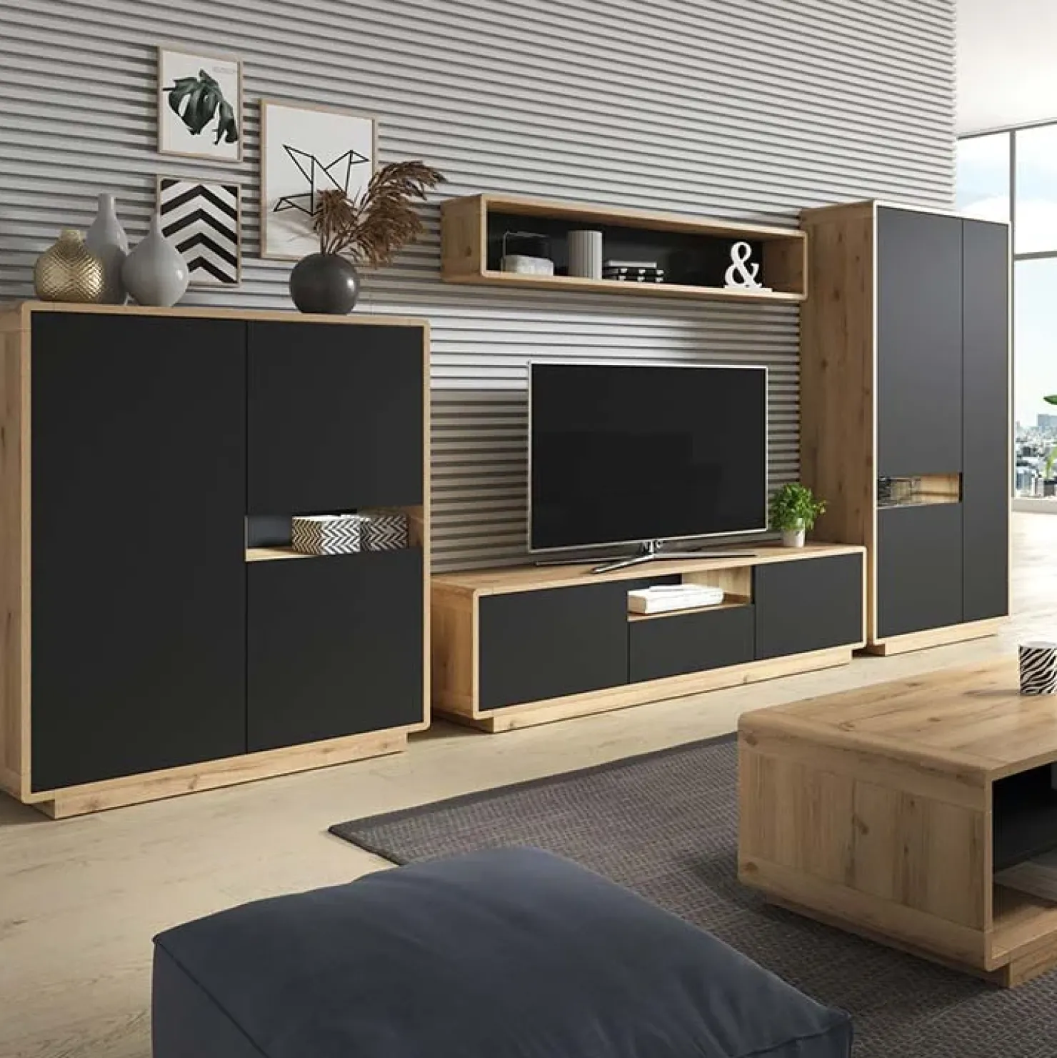 Garnero Arredamenti Mobile porta tv 180x45h cm 2 ante 1 cassetto nero opaco rovere Esmond Online