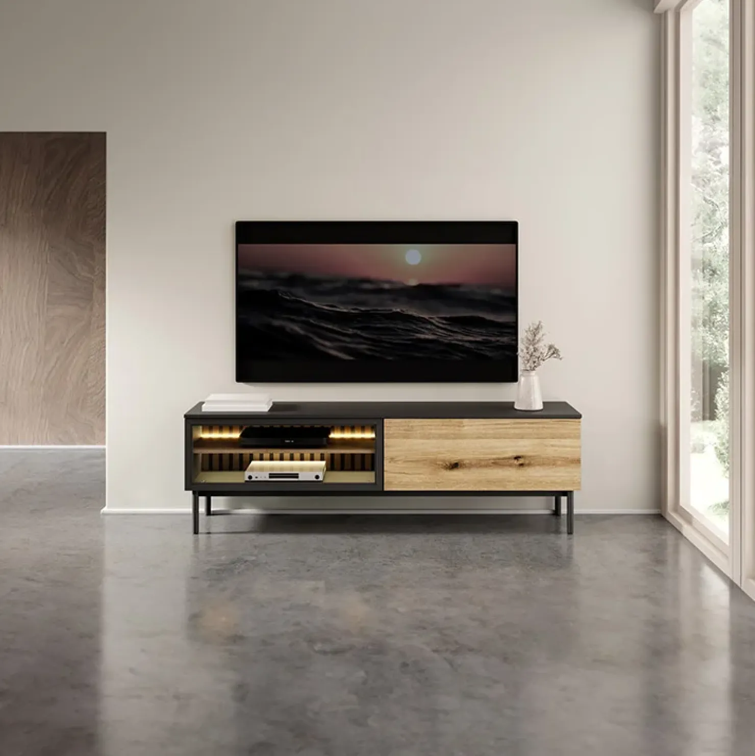 Garnero Arredamenti Mobile porta TV 180x55h cm 2 ante con led nero opaco rovere Amel New