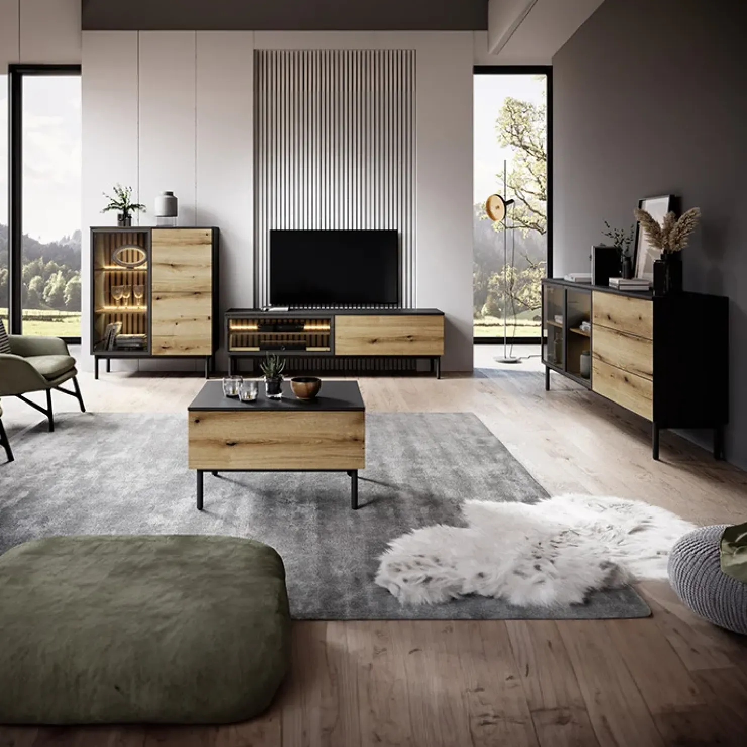 Garnero Arredamenti Mobile porta TV 180x55h cm 2 ante con led nero opaco rovere Amel New