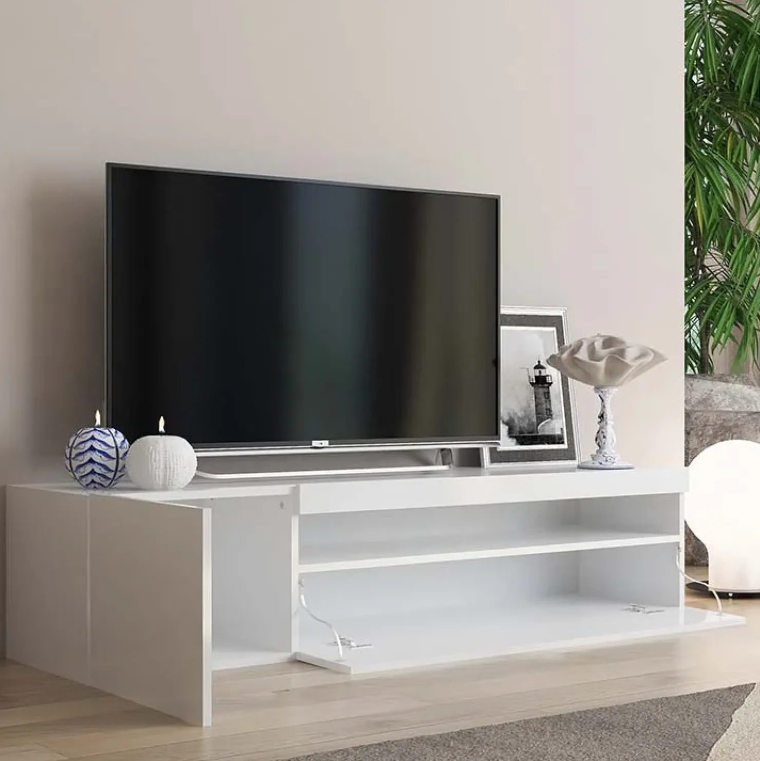 Garnero Arredamenti Mobile porta TV 155x37h cm 1 anta Light Small Gihome® Bianco Lucido Best