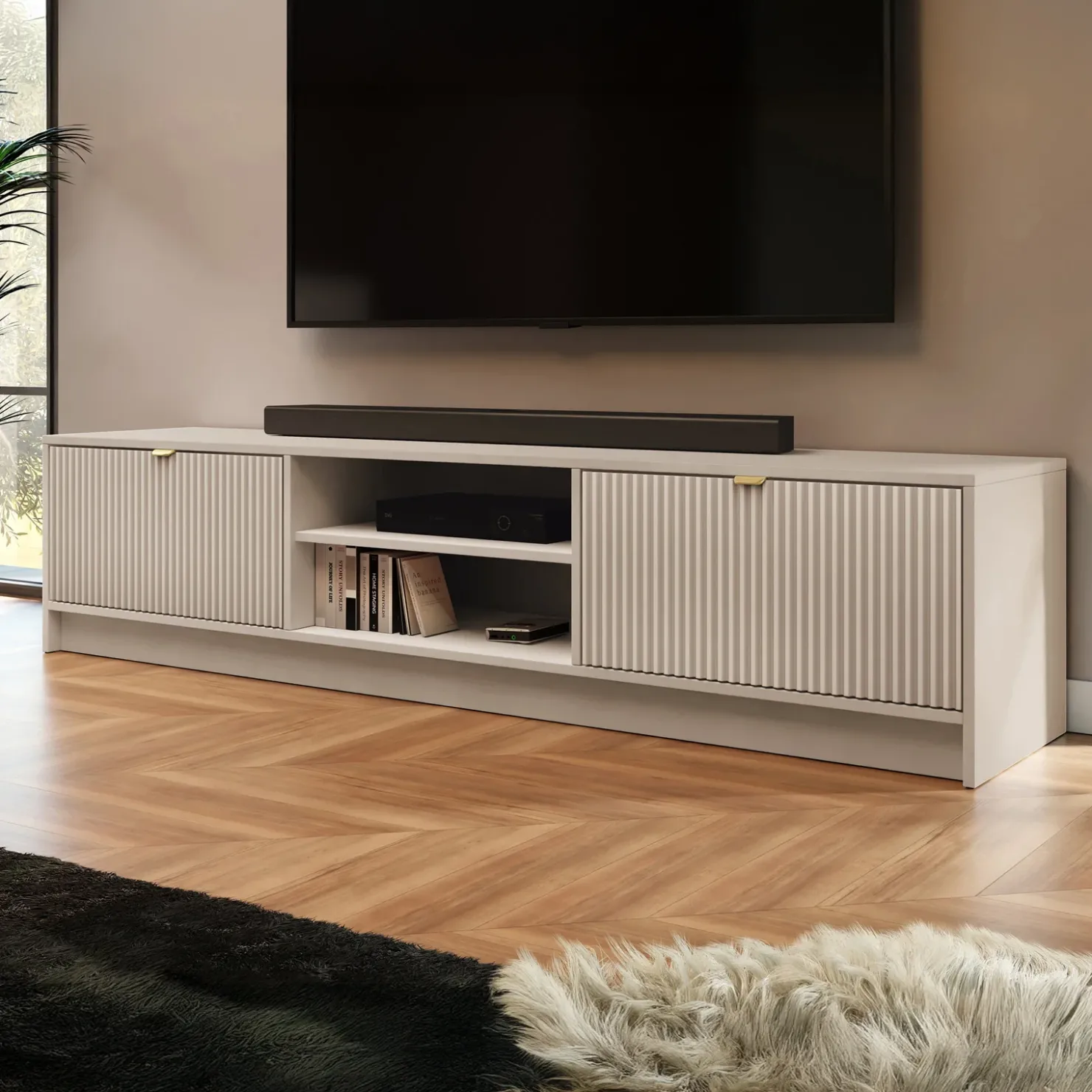 Garnero Arredamenti Mobile porta tv 180x40h cm 2 ante 2 vani a giorno cannettato Athena Beige Sale