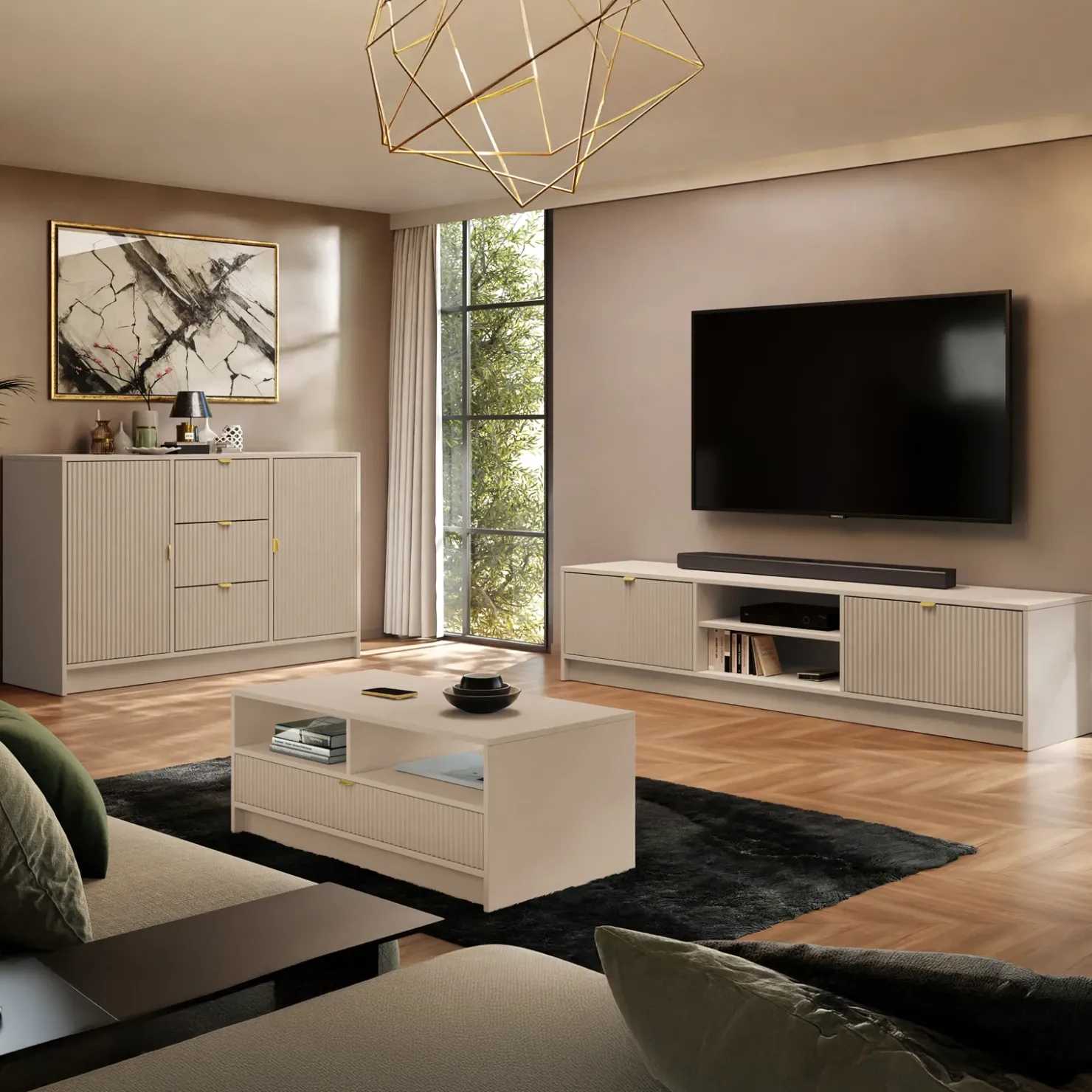 Garnero Arredamenti Mobile porta tv 180x40h cm 2 ante 2 vani a giorno cannettato Athena Beige Sale