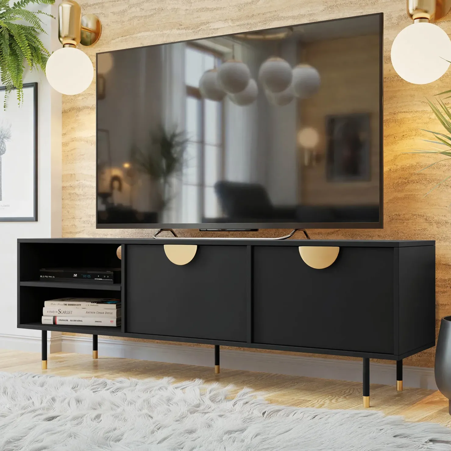 Garnero Arredamenti Mobile porta tv 180x58h cm 1 anta 2 vani a giorno nero oro Oriana
