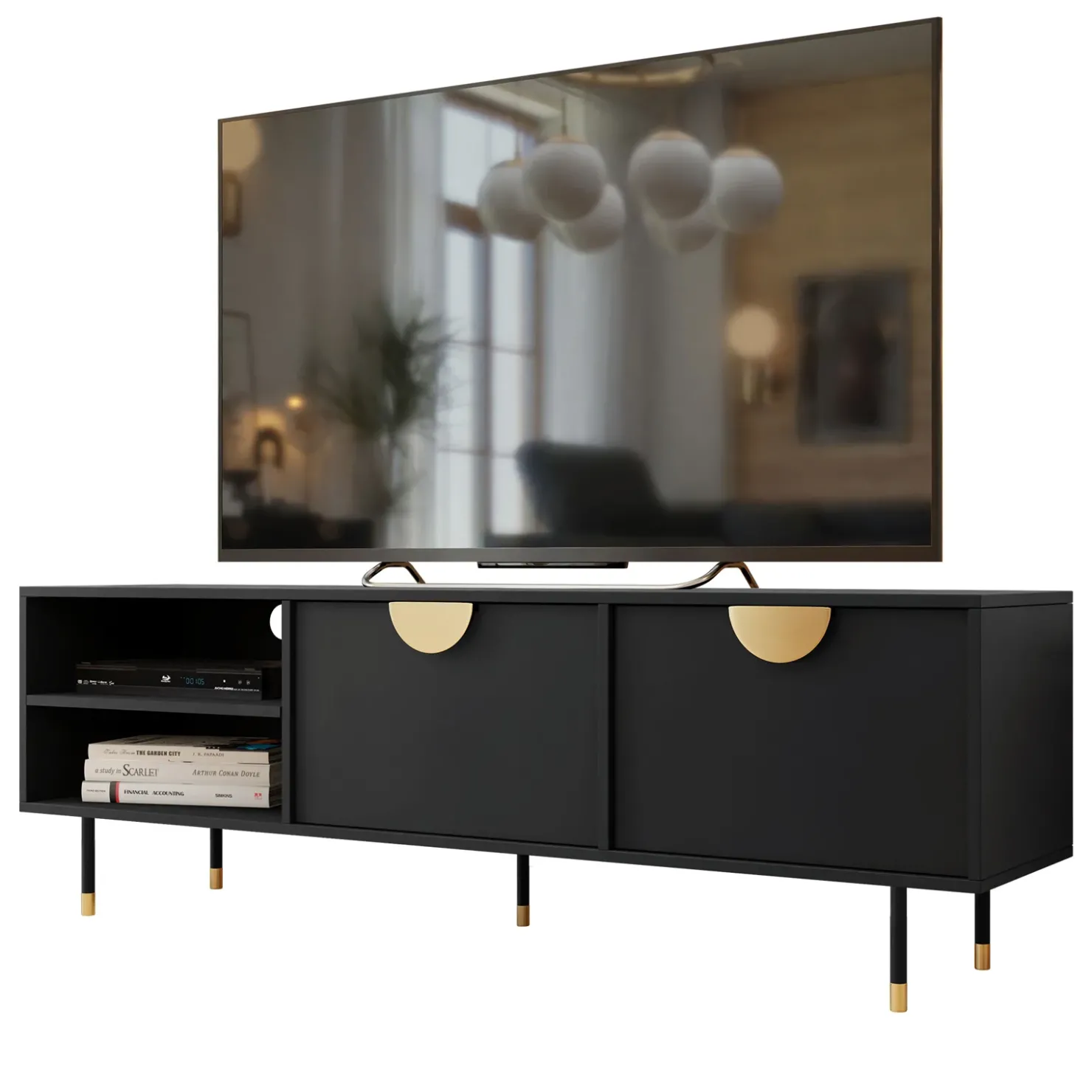 Garnero Arredamenti Mobile porta tv 180x58h cm 1 anta 2 vani a giorno nero oro Oriana