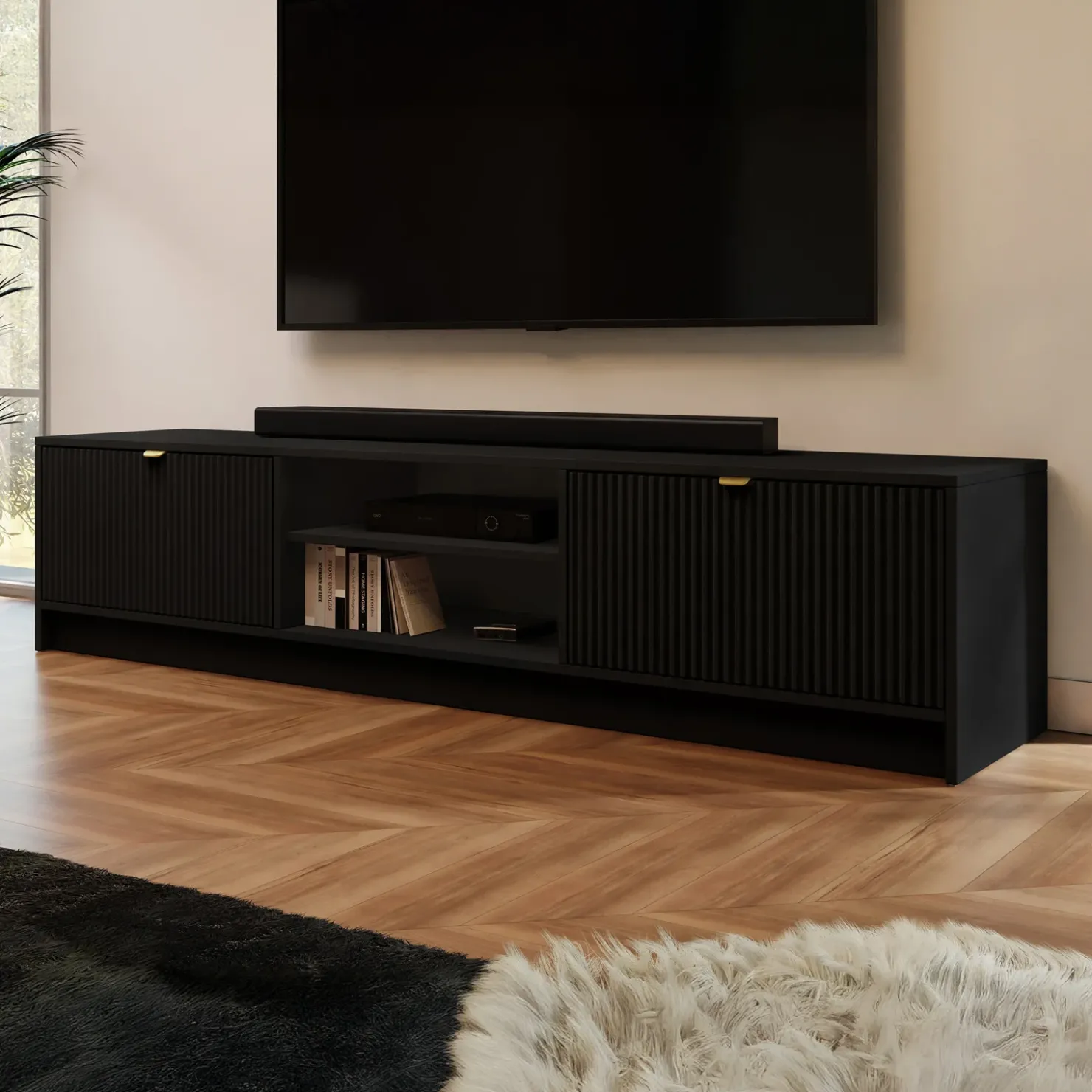 Garnero Arredamenti Mobile porta tv 180x40h cm 2 ante 2 vani a giorno cannettato nero Athena Nero Opaco Outlet