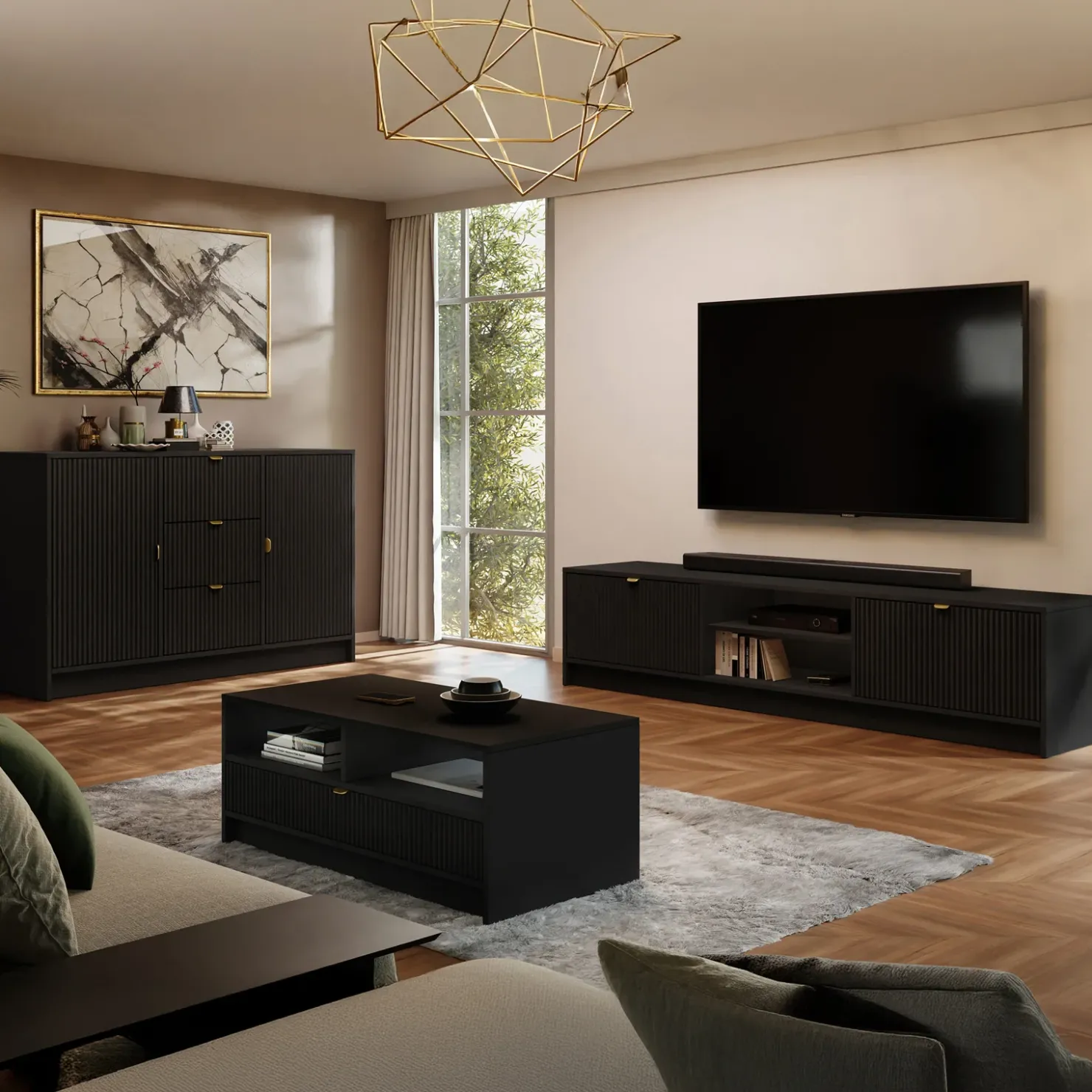 Garnero Arredamenti Mobile porta tv 180x40h cm 2 ante 2 vani a giorno cannettato nero Athena Nero Opaco Outlet