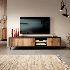 Garnero Arredamenti Mobile porta TV 175x45h cm 3 ante rovere cannettato nero Celestia Rovere Rustico - Nero opaco Best