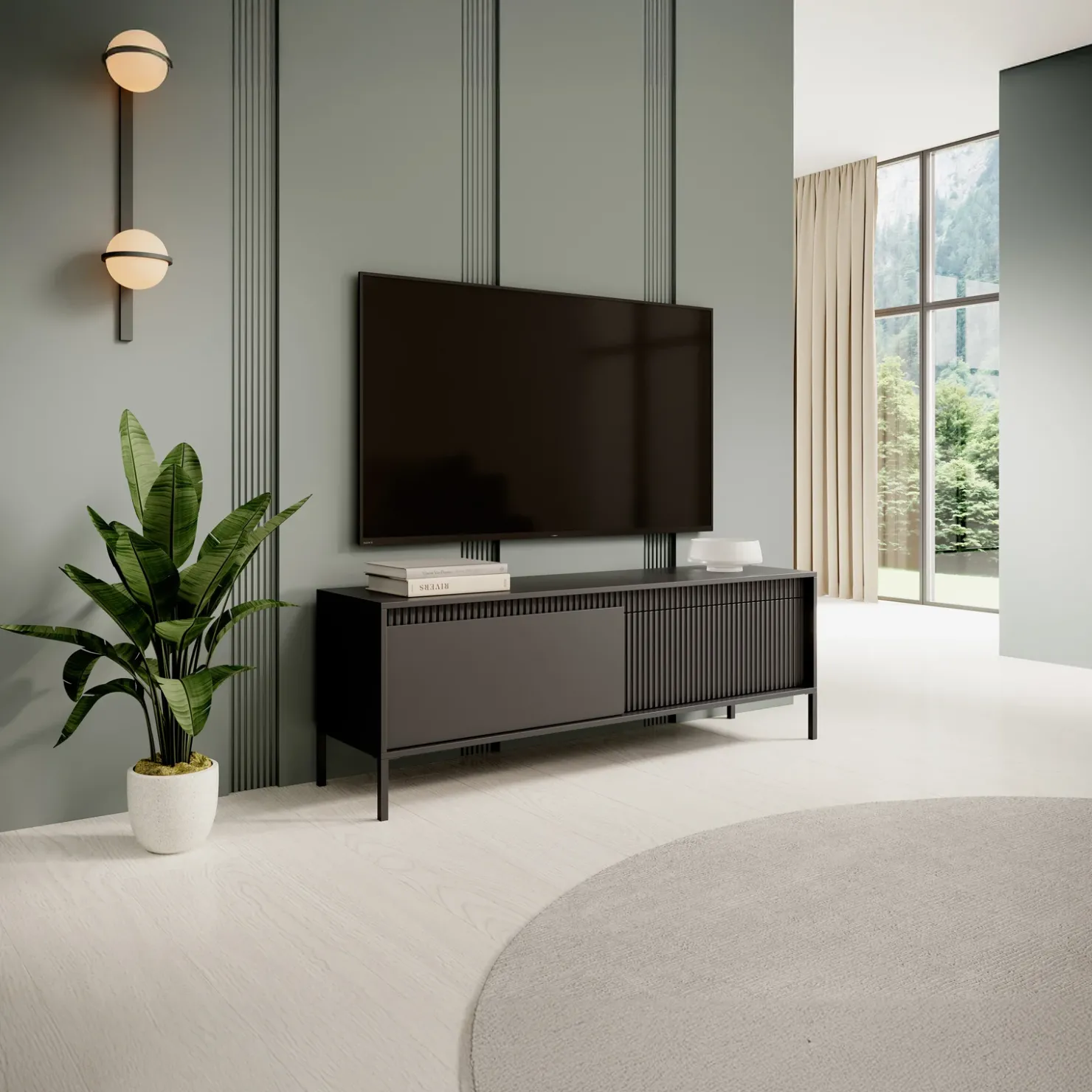 Garnero Arredamenti Mobile porta TV 154x54h cm 2 ante cannettato Ciar Nero Opaco Outlet