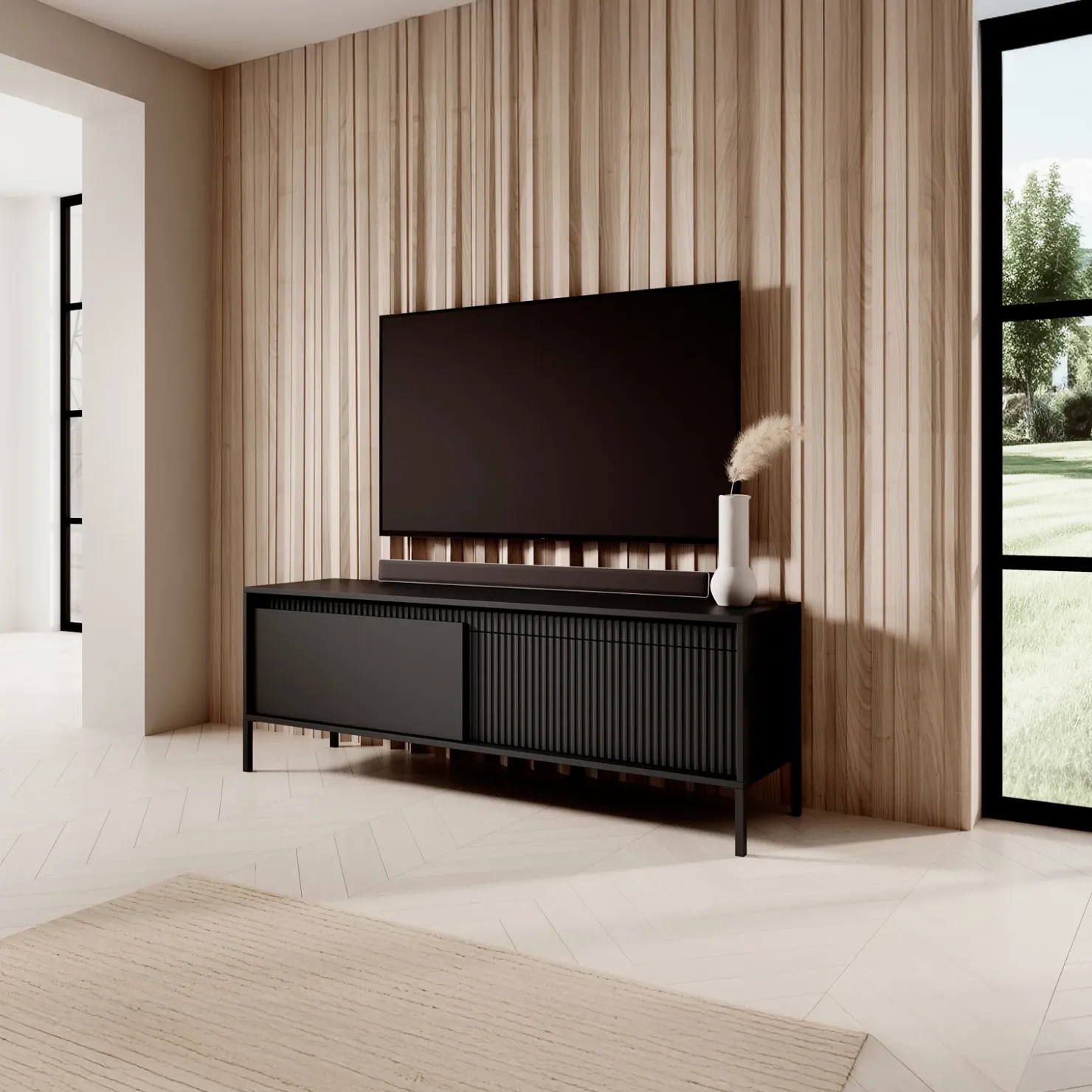 Garnero Arredamenti Mobile porta TV 154x54h cm 2 ante cannettato Ciar Nero Opaco Outlet