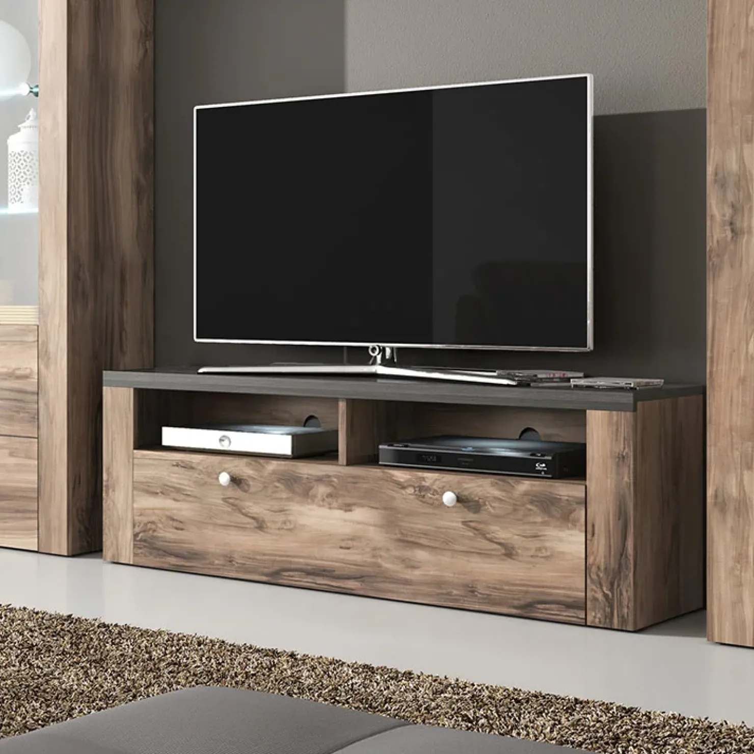 Garnero Arredamenti Mobile porta TV 140x49h cm 1 anta noce rovere grigio Paloma 2 Noce - Grigio Sale