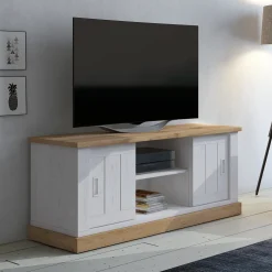 Garnero Arredamenti Mobile porta TV 145x60h cm 2 ante scorrevoli 2 vani a giorno bianco frassinato rovere Islen Bianco Opaco - Rovere Outlet