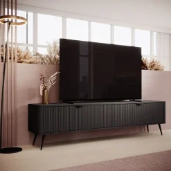 Garnero Arredamenti Mobile porta TV 200x51h cm 2 ante cannettato Ramis Nero Opaco Best