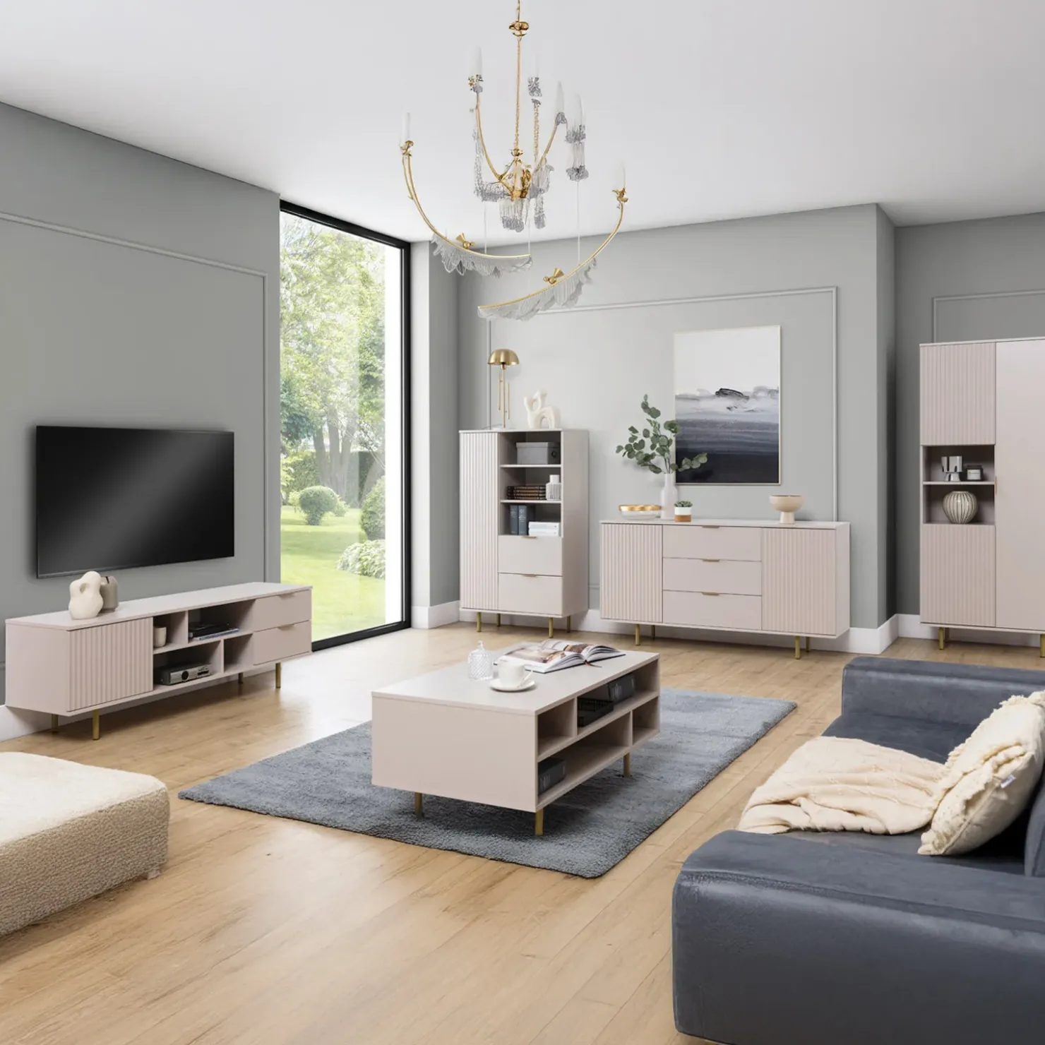 Garnero Arredamenti Mobile porta tv 150x52h cm 1 anta 2 cassetti cannettato moderno beige Vanessa Best