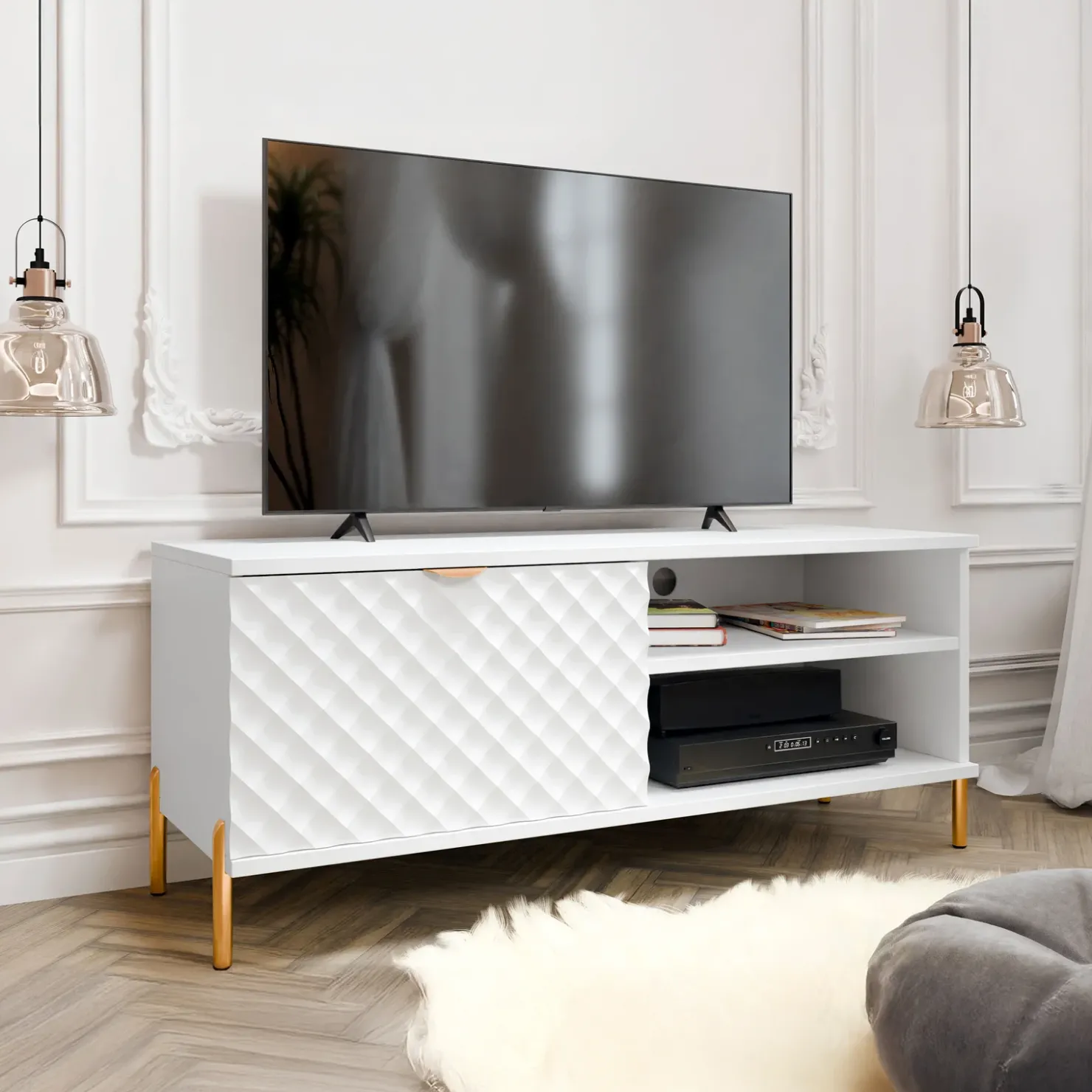 Garnero Arredamenti Mobile porta TV 120x50h cm 1 anta 2 vani con frontali decorati bianco Amsterdam New