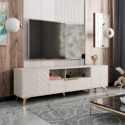 Garnero Arredamenti Mobile porta TV 204x60h cm 2 ante 2 cassetti 2 vani a giorno beige con frontali serigrafati Miriam Hot
