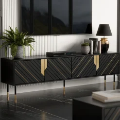 Garnero Arredamenti Mobile porta tv 204x55h cm 4 ante moderno nero oro Golden New