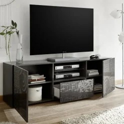 Garnero Arredamenti Mobile porta TV 181x57h cm 2 ante 1 cassetto soggiorno grigio laccato lucido Paradise Antracite