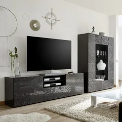 Garnero Arredamenti Mobile porta TV 181x57h cm 2 ante 1 cassetto soggiorno grigio laccato lucido Paradise Antracite
