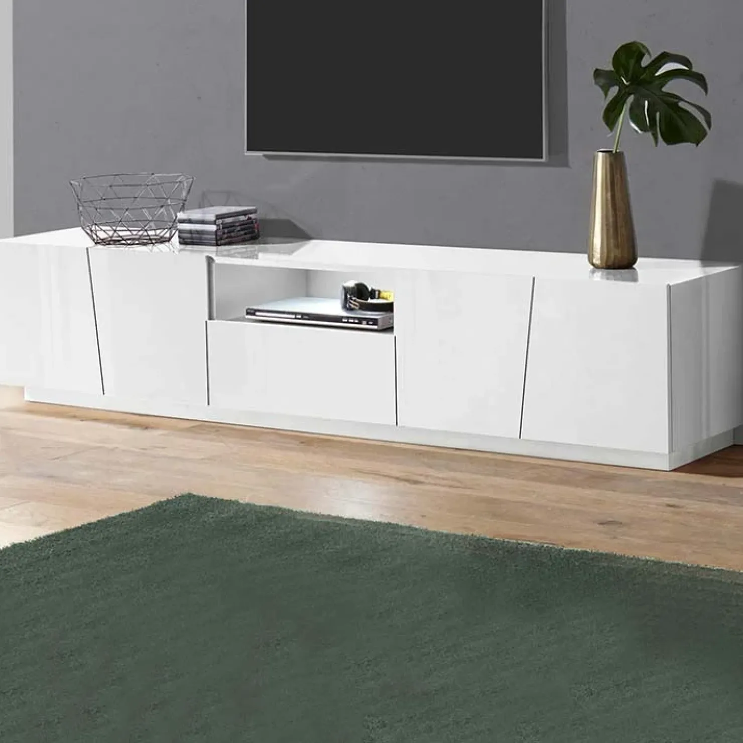 Garnero Arredamenti Mobile porta TV 220x46h cm 4 ante Candia Gihome® Bianco Lucido Clearance