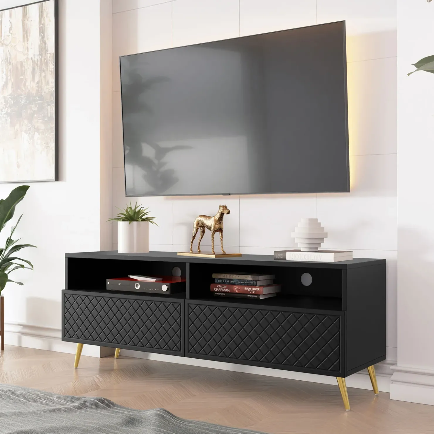 Garnero Arredamenti Mobile porta TV 150x57h cm 2 ante 2 vani con frontali decorati nero Simona Nero Opaco Sale
