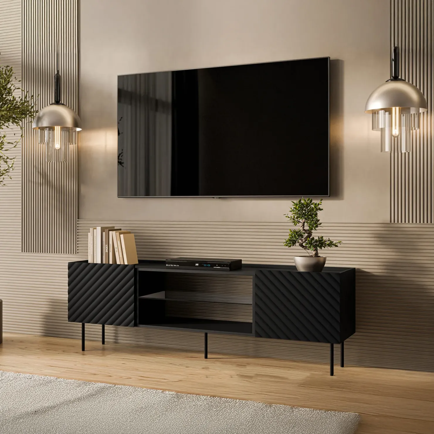 Garnero Arredamenti Mobile porta TV 181x59h cm 2 ante 2 vani con frontali decorati nero Daniele Nero Opaco Discount