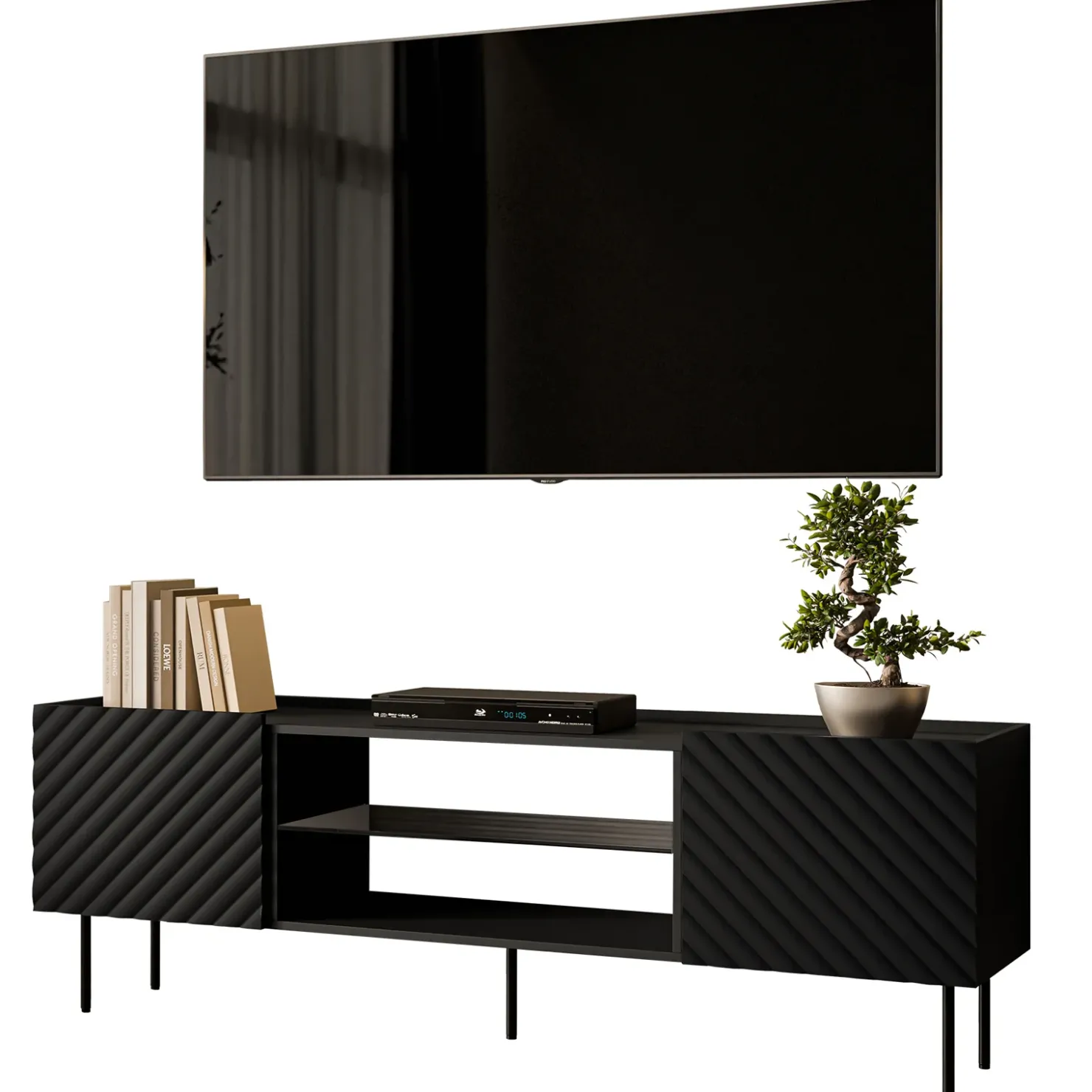 Garnero Arredamenti Mobile porta TV 181x59h cm 2 ante 2 vani con frontali decorati nero Daniele Nero Opaco Discount