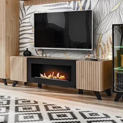 Garnero Arredamenti Mobile porta TV 160x52h cm 2 ante con biocamino noce con stampa nera Mendes Clearance